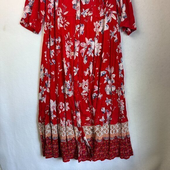 Woman Within dress women 14W Maxi red floral empire waist rayon pockets - Picture 2 of 6